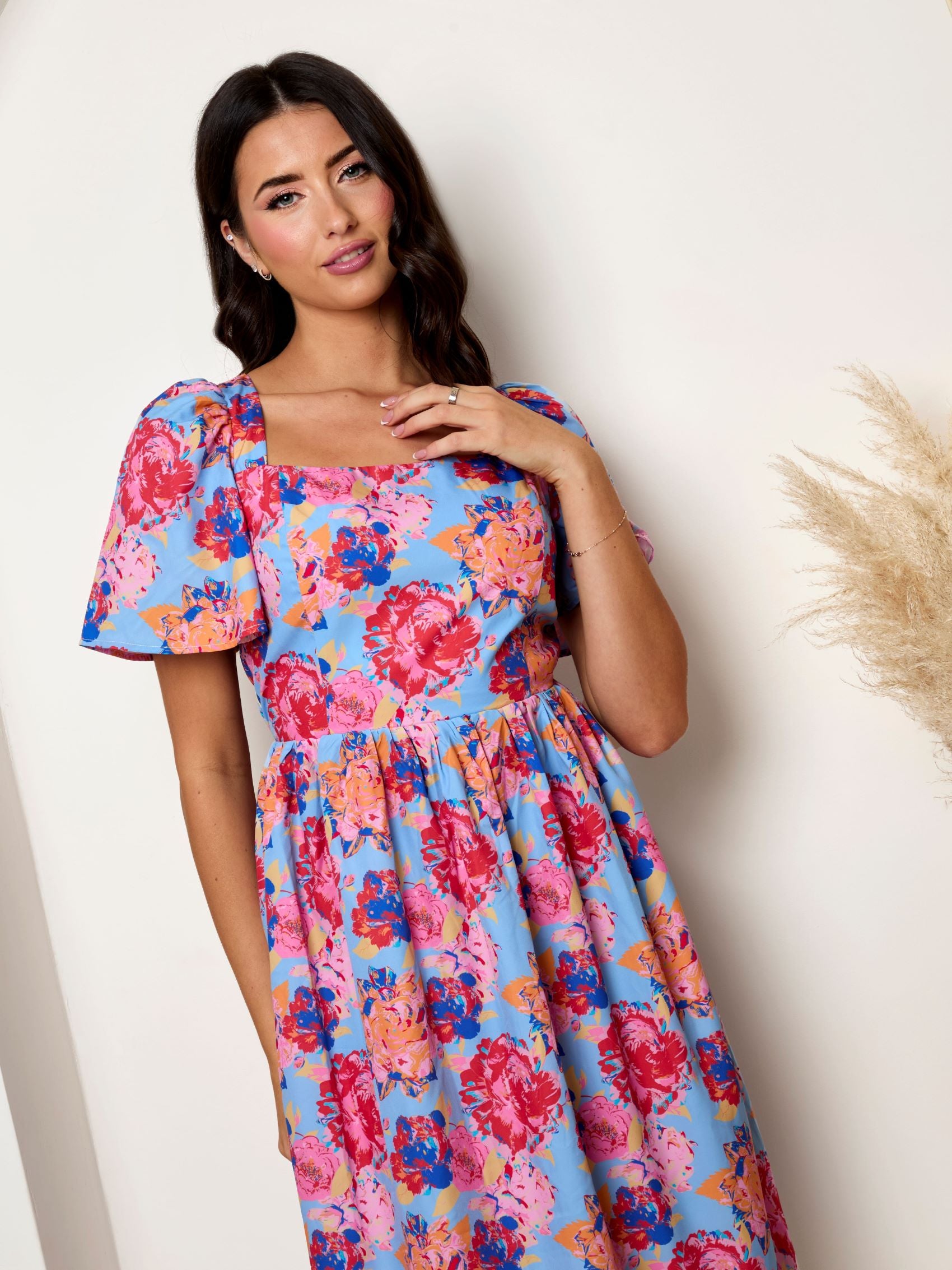 Square Neck Floral Midi Dress in Blue