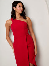 One Shoulder Split Detail Midi Dress in Red