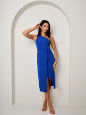 One Shoulder Split Detail Midi Dress in Cobalt