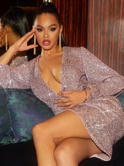 Long Sleeve Plunge Sequin Bodycon Mini Dress in Pink