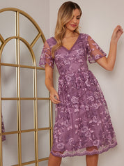 V Neck Embroidered Midi Dress in Purple