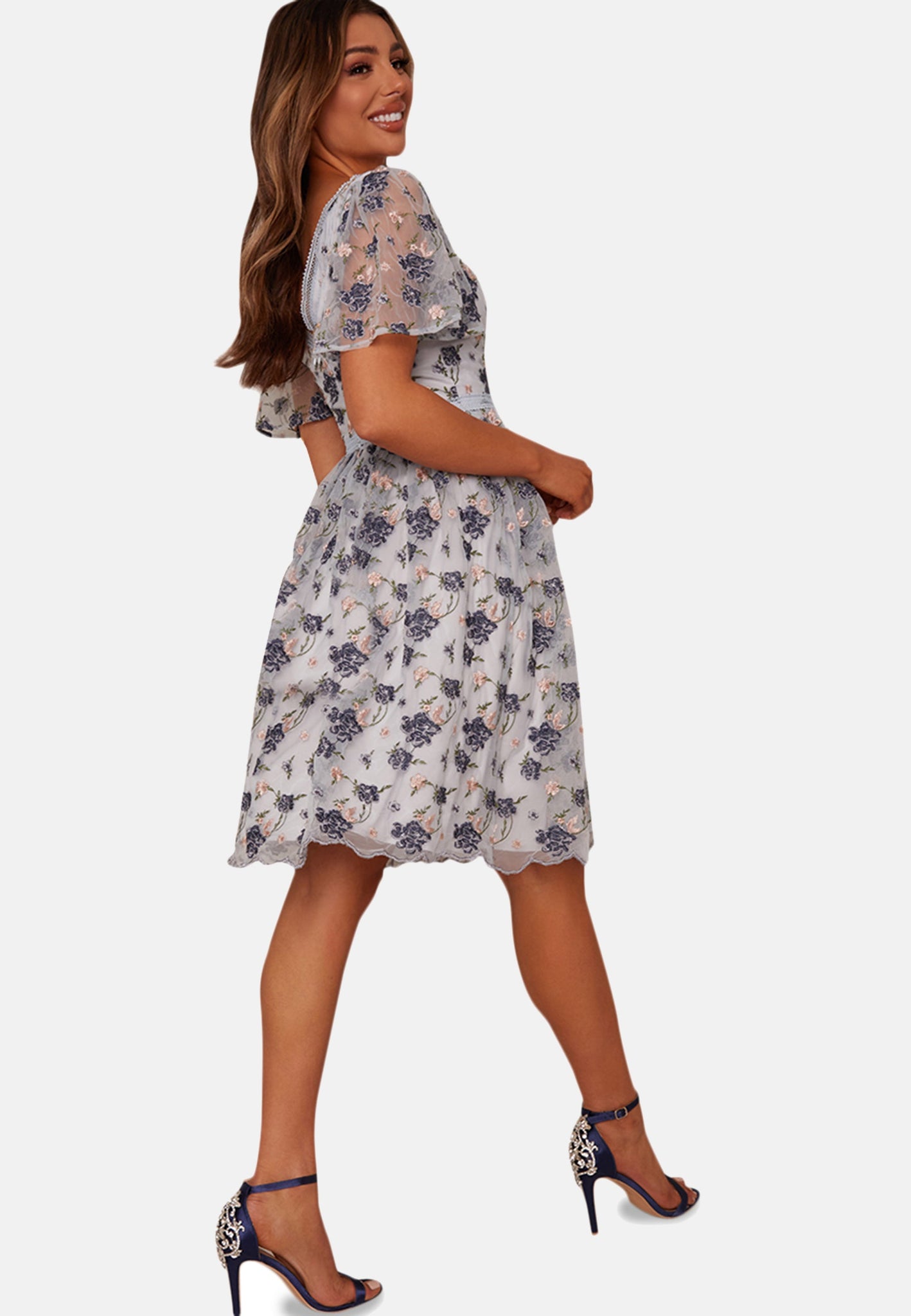 Chi Chi London Floral Embroidered Dress, Blue Chi Chi London Floral Embroidered Dress, Blue