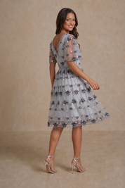 V Neck Floral Embroidered Lace Midi Dress in Blue