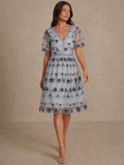 V Neck Floral Embroidered Lace Midi Dress in Blue