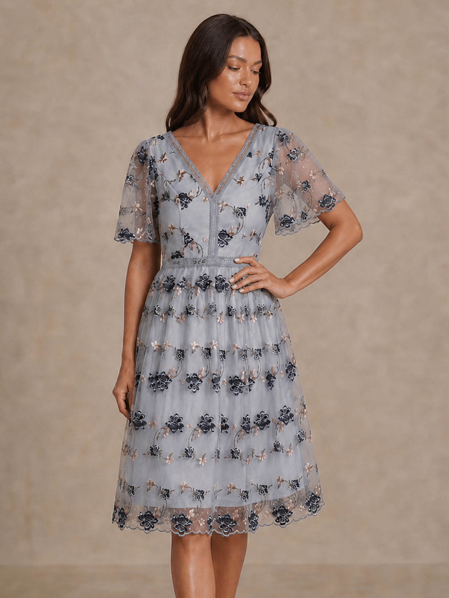 V Neck Floral Embroidered Lace Midi Dress in Blue