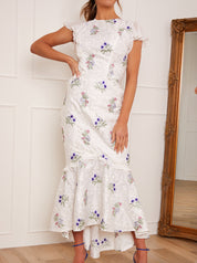 Ruffle Embroidered Maxi Dress in White