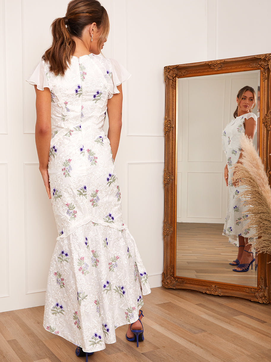Ruffle Embroidered Maxi Dress in White