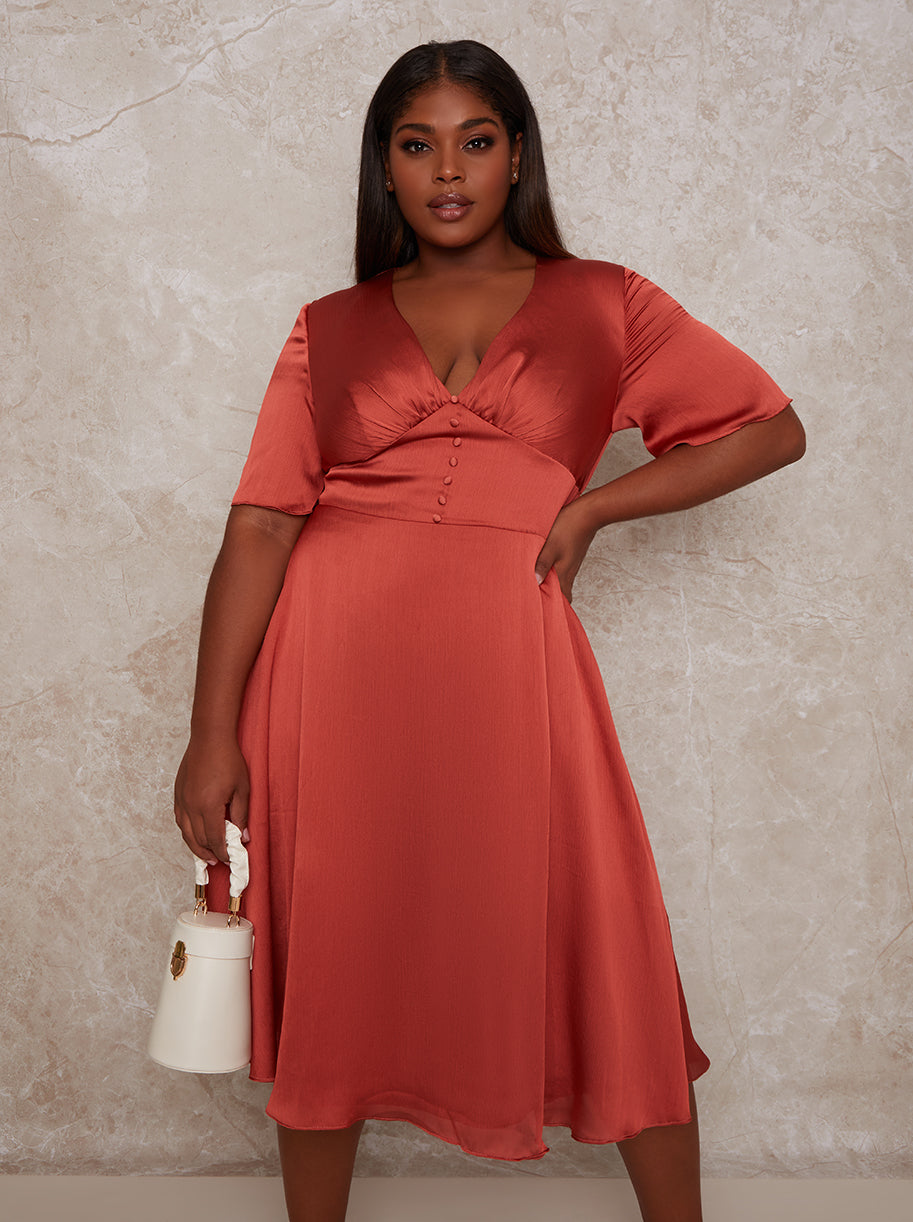 Plus Size Midi Day Dress with Angel Sleeves in Orange