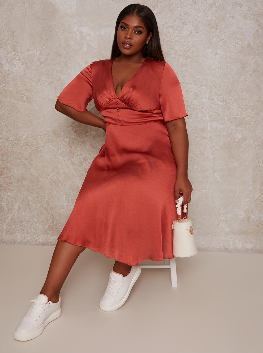 Plus Size Midi Day Dress with Angel Sleeves in Orange