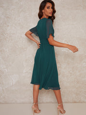 Ruffle Hem Cap Sleeve Silky Midi Dress in Green