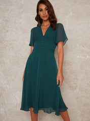 Ruffle Hem Cap Sleeve Silky Midi Dress in Green