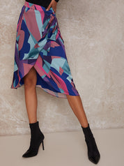 Graphic Print Wrap Detail Midi Skirt in Multi