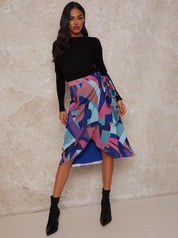 Graphic Print Wrap Detail Midi Skirt in Multi