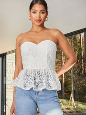 Sleeveless Broderie Anglais Peplum Hem Top in White