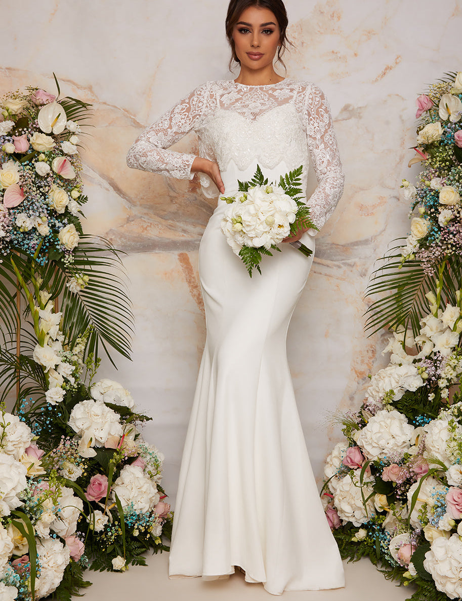 Long Sleeve Lace Bodice Bridal Wedding Dress in White