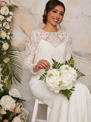 Long Sleeve Lace Bodice Bridal Wedding Dress in White