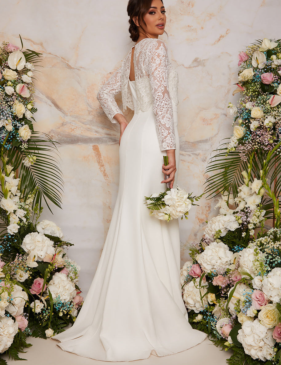 Long Sleeve Lace Bodice Bridal Wedding Dress in White