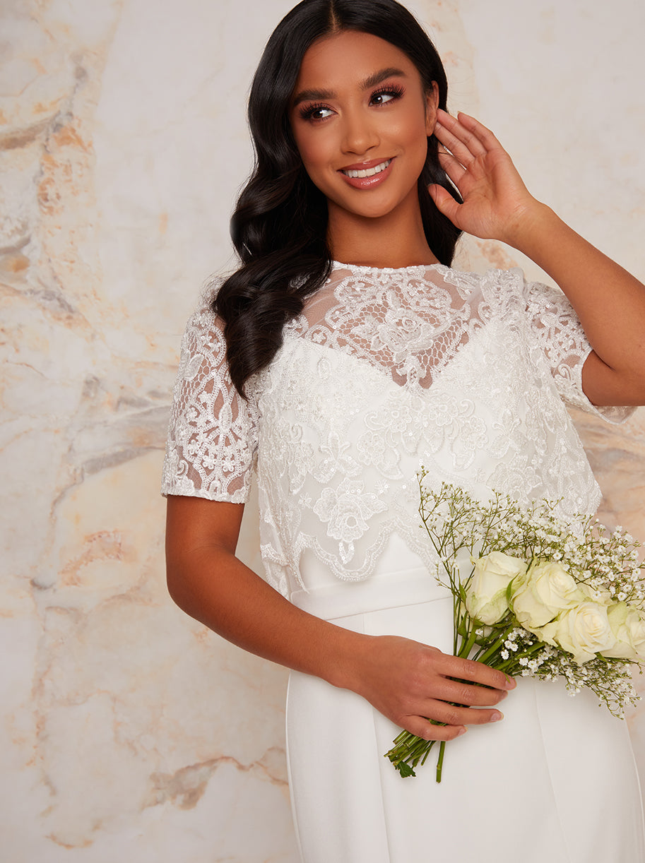 Petite Lace Overlay Bodice Maxi Wedding Dress in White | Chi Chi London UK