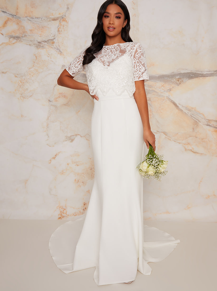 Petite Lace Overlay Bodice Maxi Wedding Dress in White | Chi Chi London UK