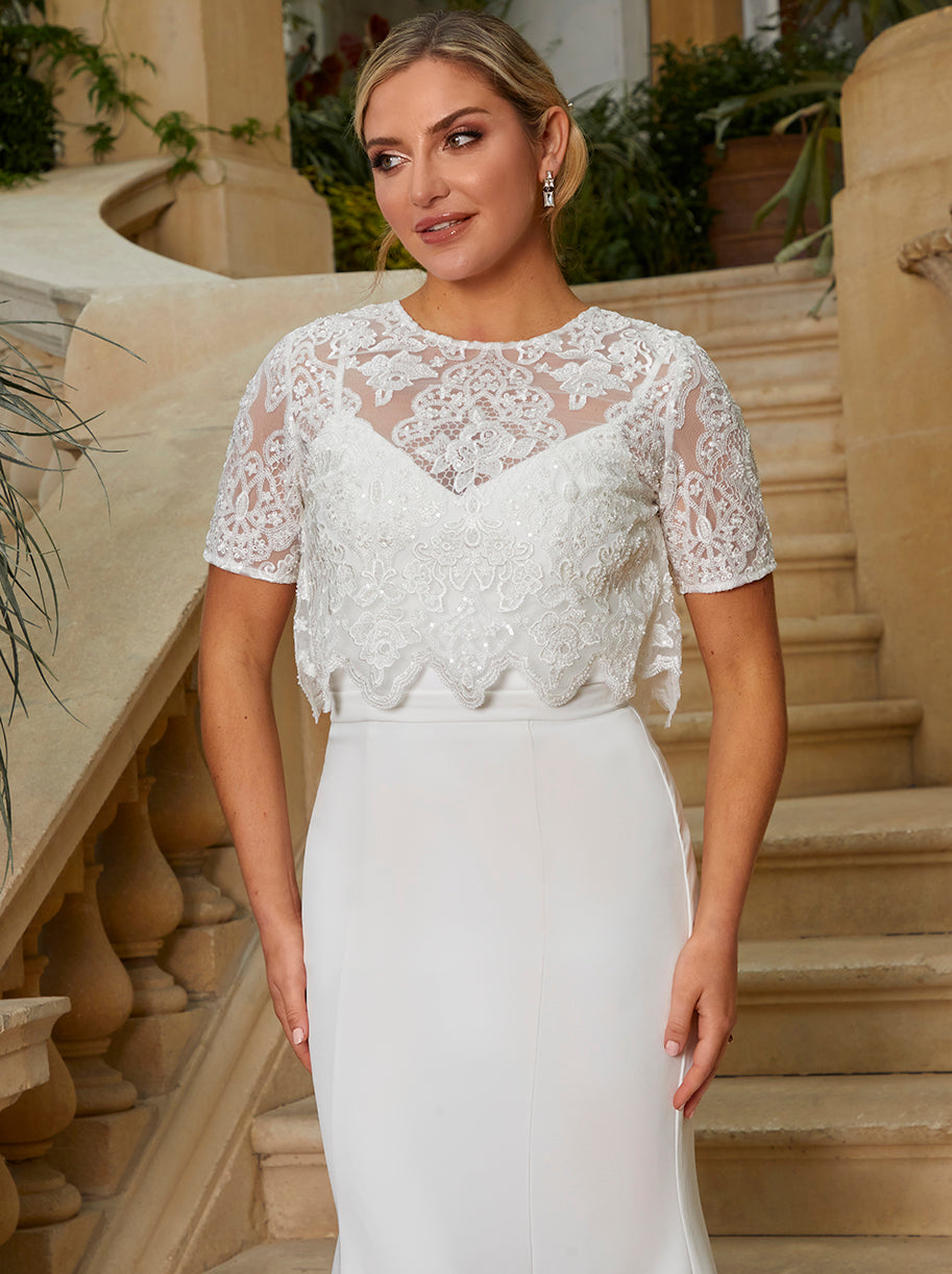 white lace overlay dress Lace Overlay Bodice Maxi Wedding Dress in White
