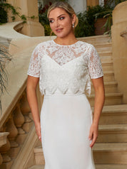 Lace Overlay Bodice Maxi Wedding Dress in White