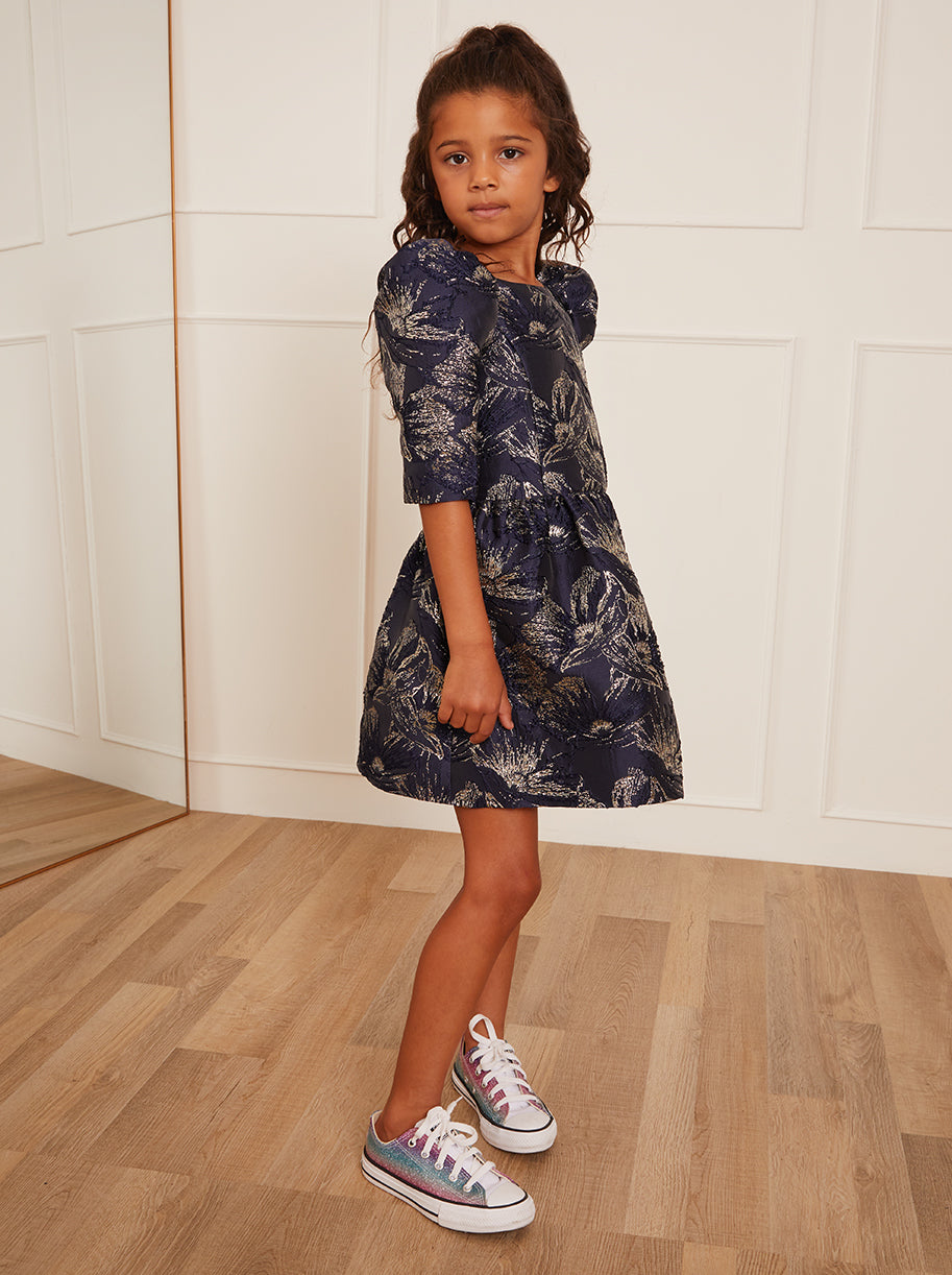 Younger Girls Long Sleeve Jacquard Mini Dress in Navy