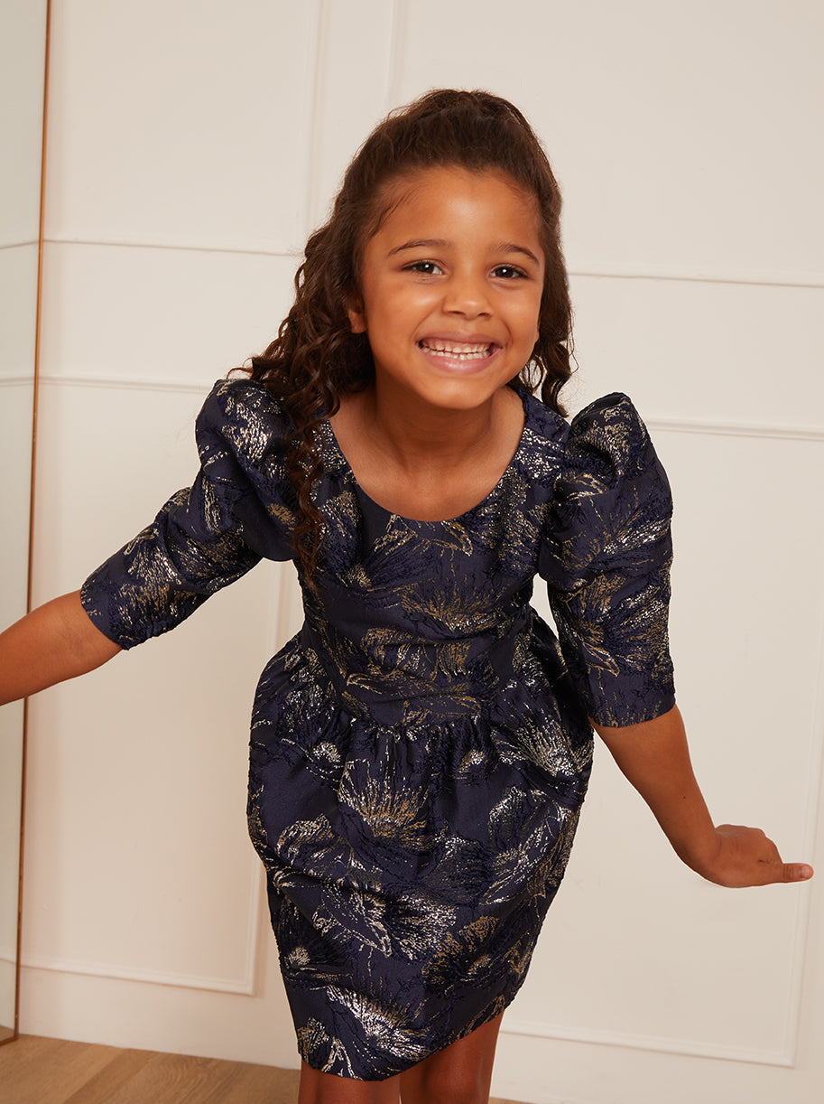 Younger Girls Long Sleeve Jacquard Mini Dress in Navy