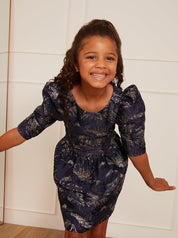 Younger Girls Long Sleeve Jacquard Mini Dress in Navy