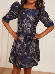 Younger Girls Long Sleeve Jacquard Mini Dress in Navy