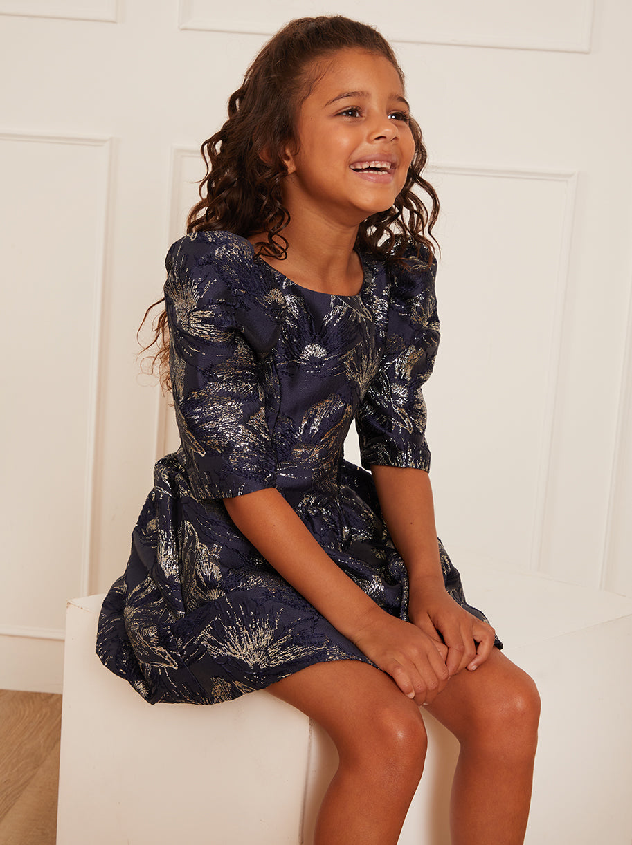Younger Girls Long Sleeve Jacquard Mini Dress in Navy