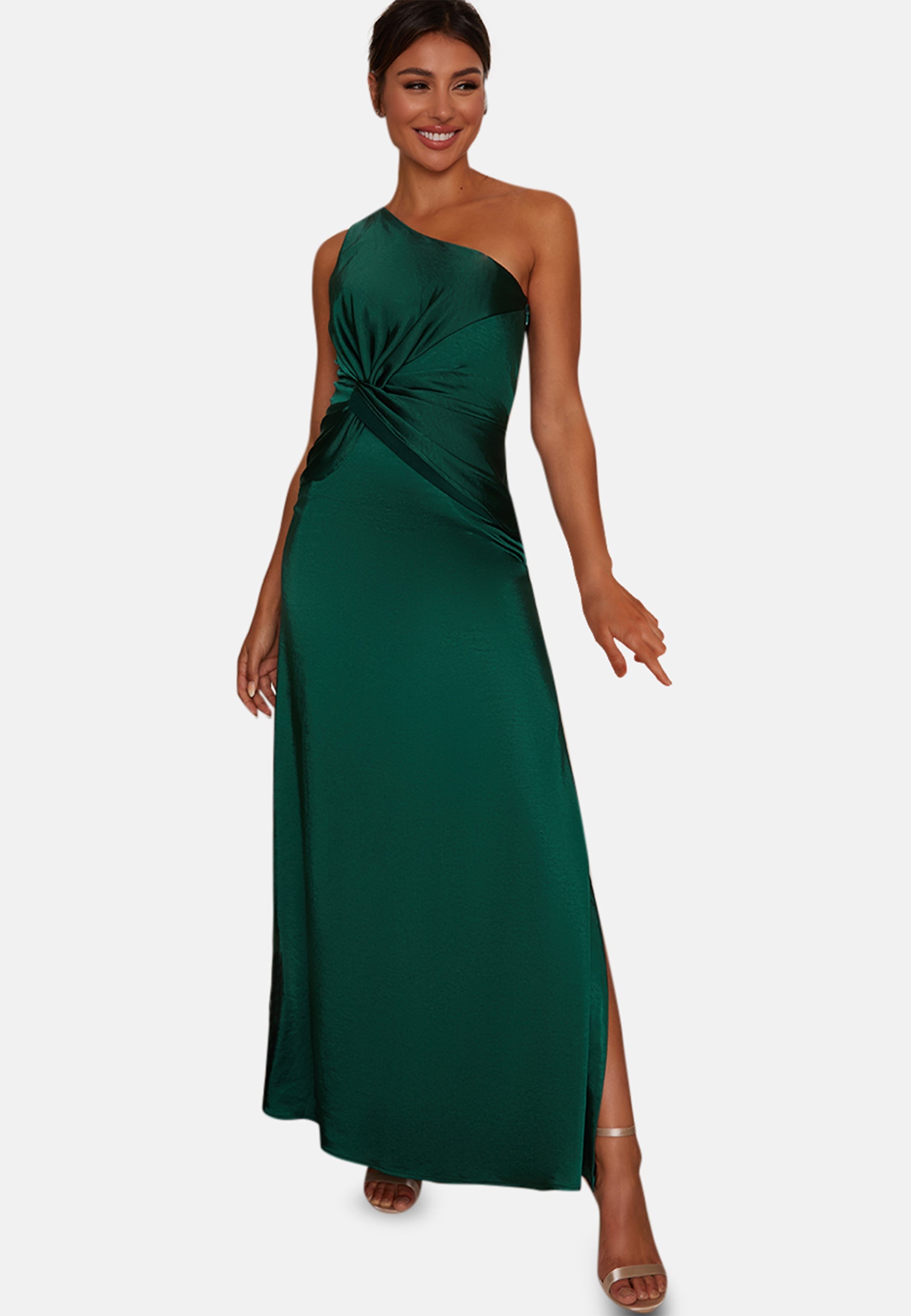 Chi Chi One Shoulder Satin Finish Maxi Dress in Green, Size 12 Chi Chi One Shoulder Satin Finish Maxi Dress in Green, Size 12