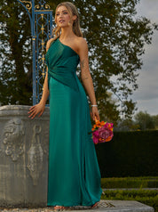 One Shoulder Satin Finish Maxi Dress in Green