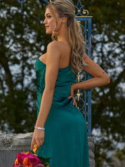 One Shoulder Satin Finish Maxi Dress in Green