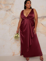 Plus Size Satin Wrap Maxi Dress in Berry