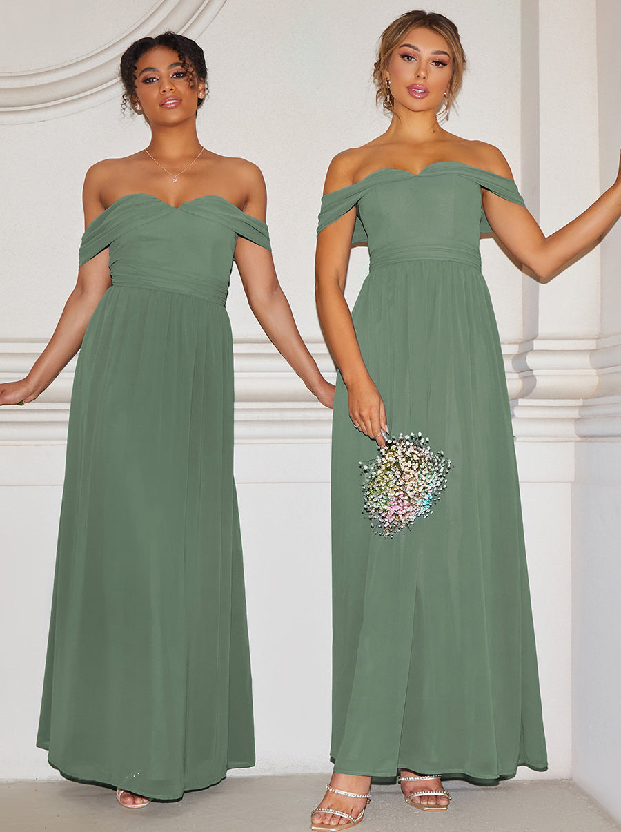 Bardot Draped Chiffon Maxi Dress in Green