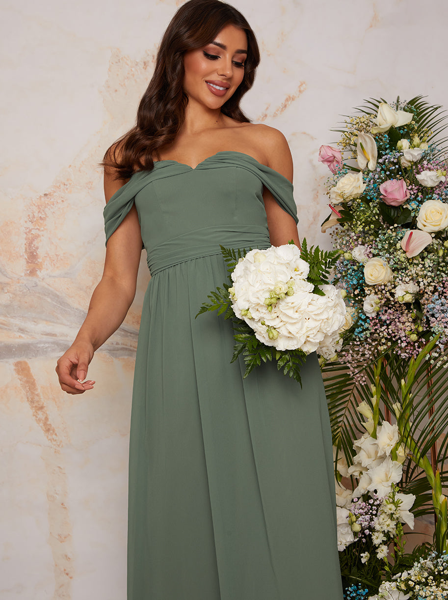 Bardot Draped Chiffon Maxi Dress in Green | Chi Chi London UK Bardot Draped Chiffon Maxi Dress in Green | Chi Chi London UK