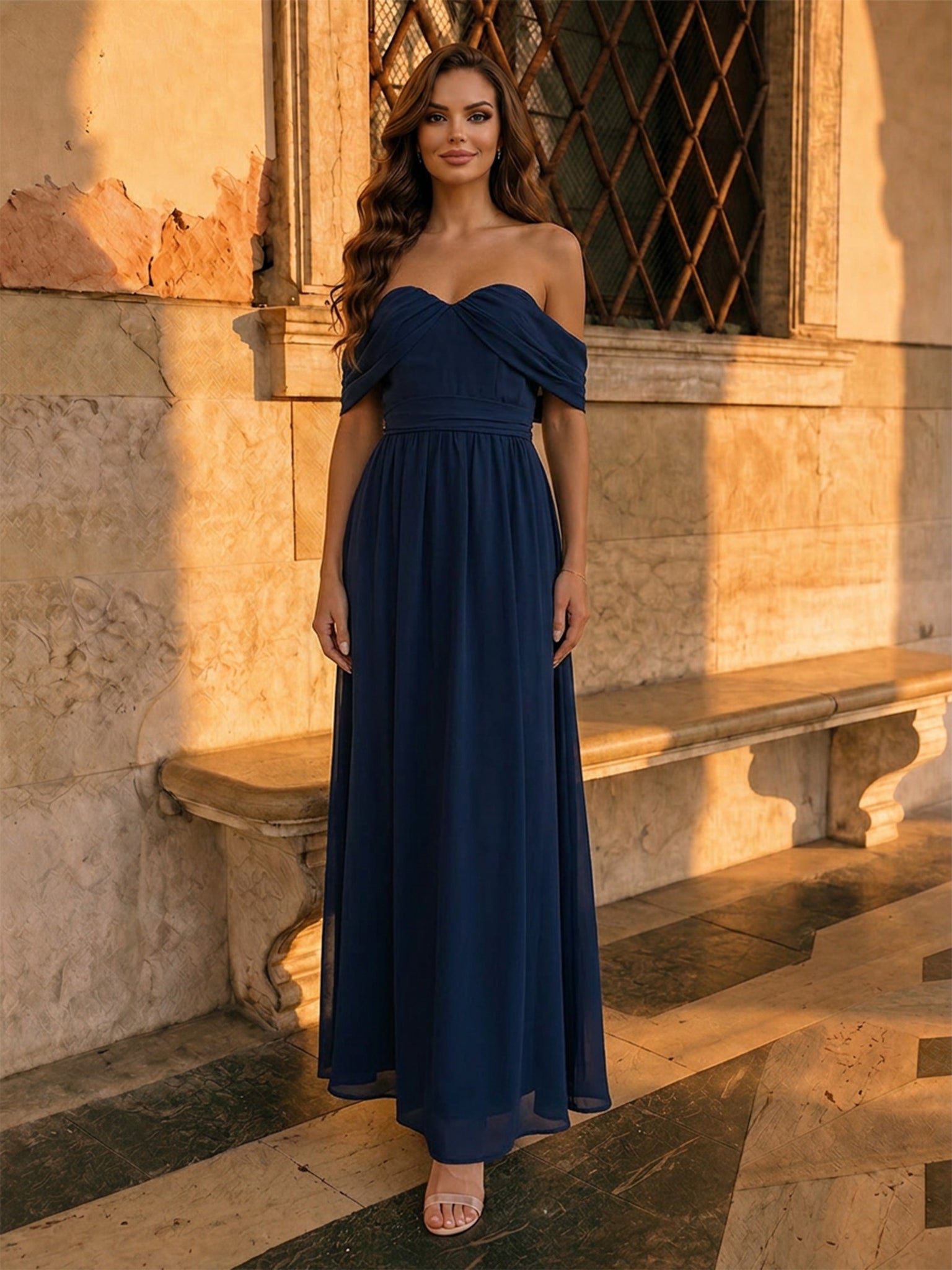 Chi Chi Bardot Draped Chiffon Maxi Dress in Blue in Navy, Size 10