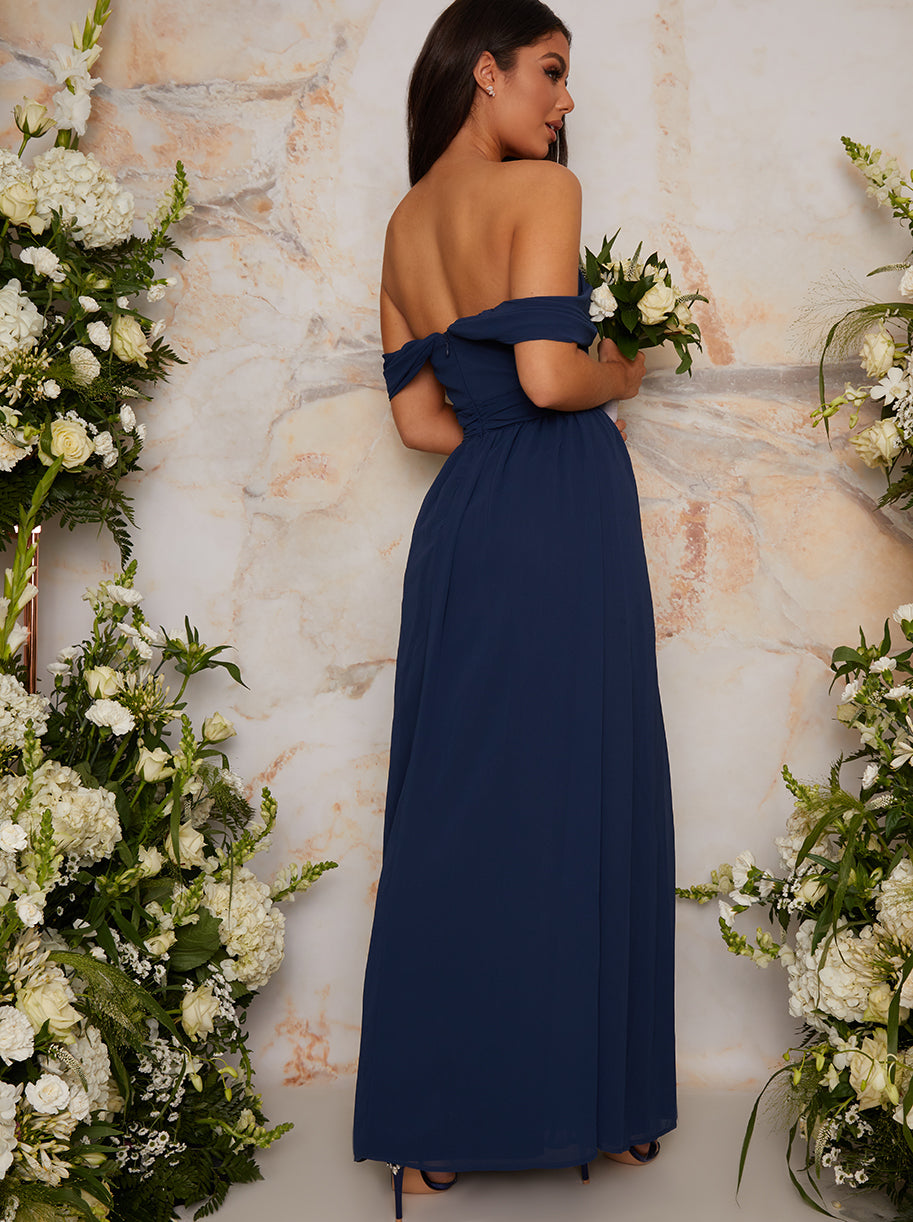 Bardot Draped Chiffon Maxi Dress in Blue