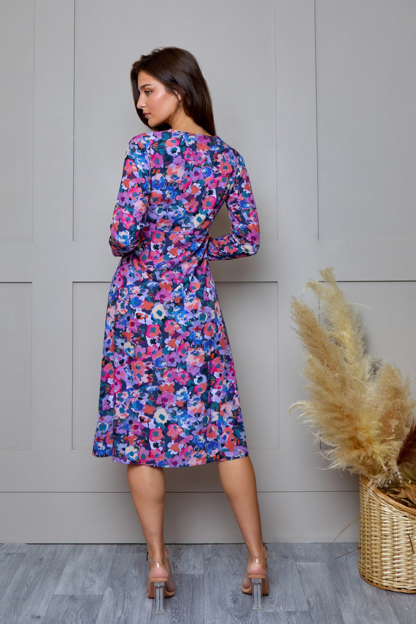 Floral Printed Button Front Satin Midi Dress in Multi