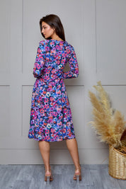 Floral Printed Button Front Satin Midi Dress in Multi