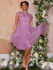 Lace Bodice Cut Out Midi Dress in Lilac