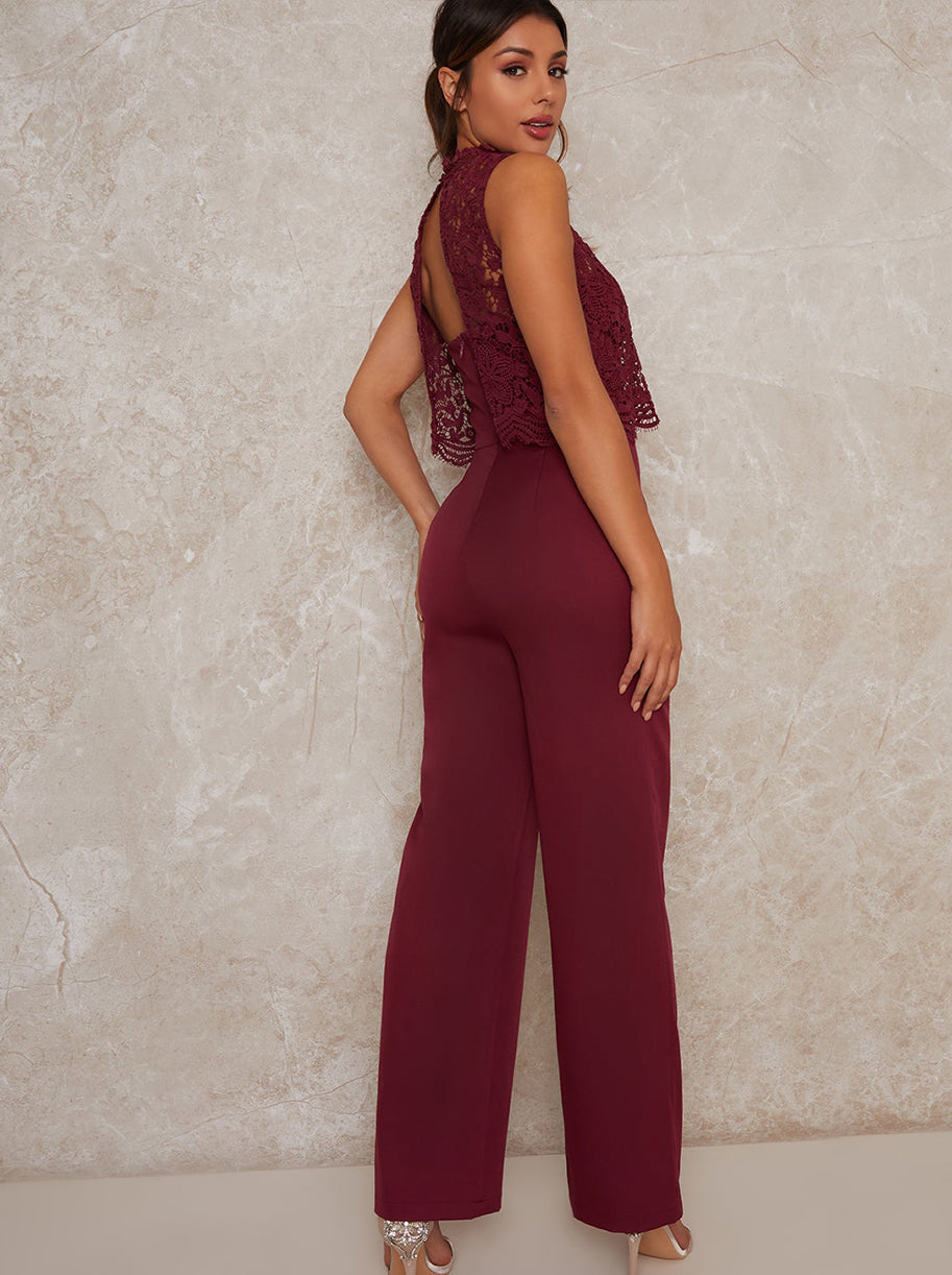 Berry Sleeveless High Neck Lace Jumpsuit