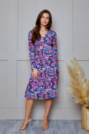 Floral Printed Button Front Satin Midi Dress in Multi