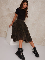 Ruffle Tiered Dip Hem Maxi Skirt in Gold