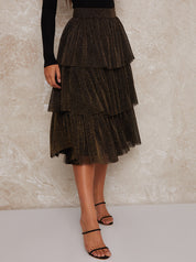 Ruffle Tiered Dip Hem Maxi Skirt in Gold