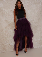 Ruffle Tulle Tiered Dip Hem Maxi Skirt in Berry