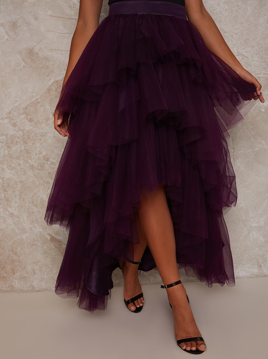 Ruffle Tulle Tiered Dip Hem Maxi Skirt in Berry