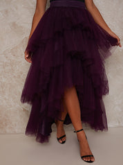 Ruffle Tulle Tiered Dip Hem Maxi Skirt in Berry
