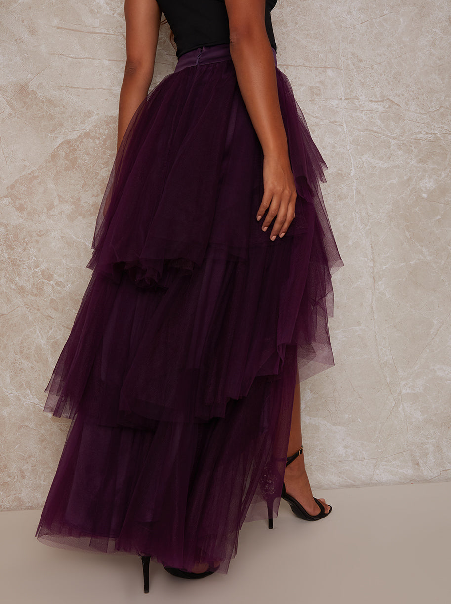 Ruffle Tulle Tiered Dip Hem Maxi Skirt in Berry