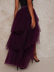 Ruffle Tulle Tiered Dip Hem Maxi Skirt in Berry